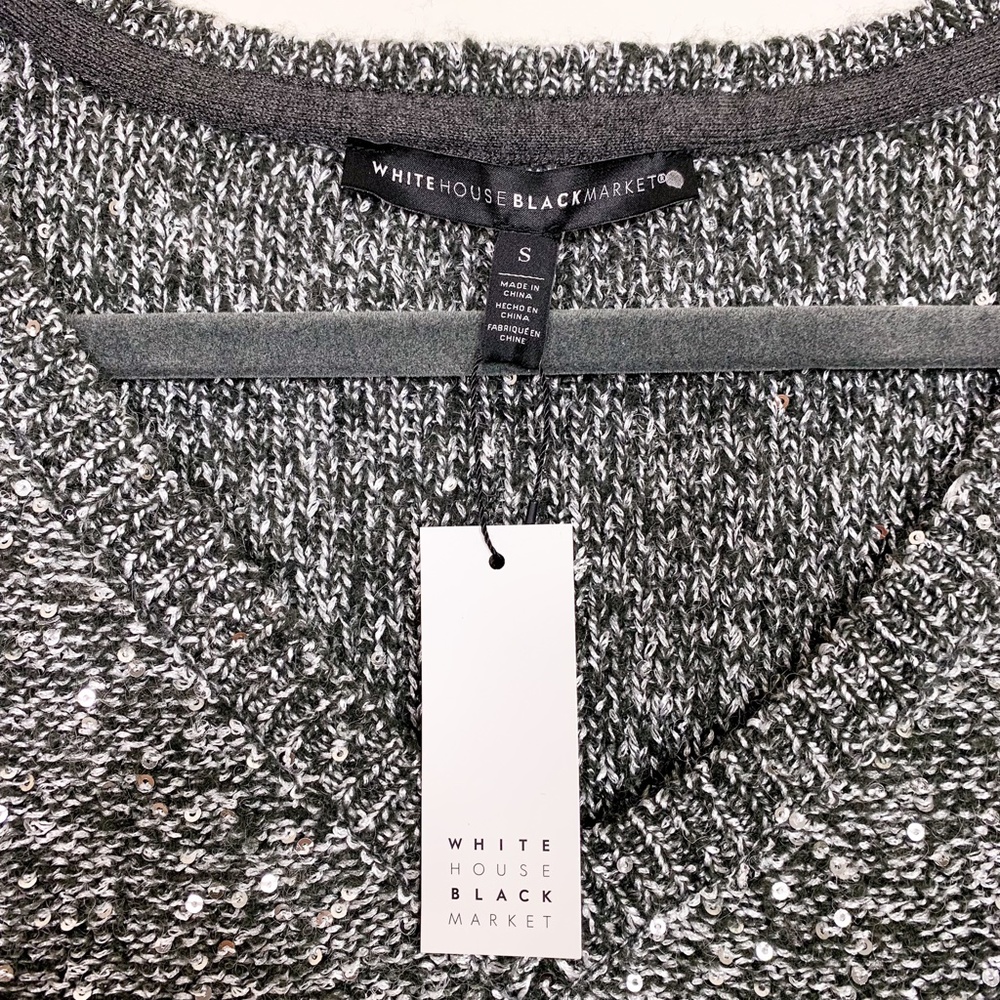 White House Black Market Silver Sparkle Sequin V-Neck Sweater - Picture 2 of 5